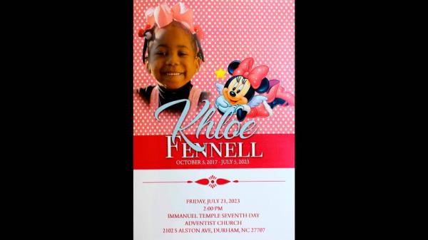 The front of the program for the funeral of Khloe Fennell. Fennell, 5, was killed by gunfire on July 5th.